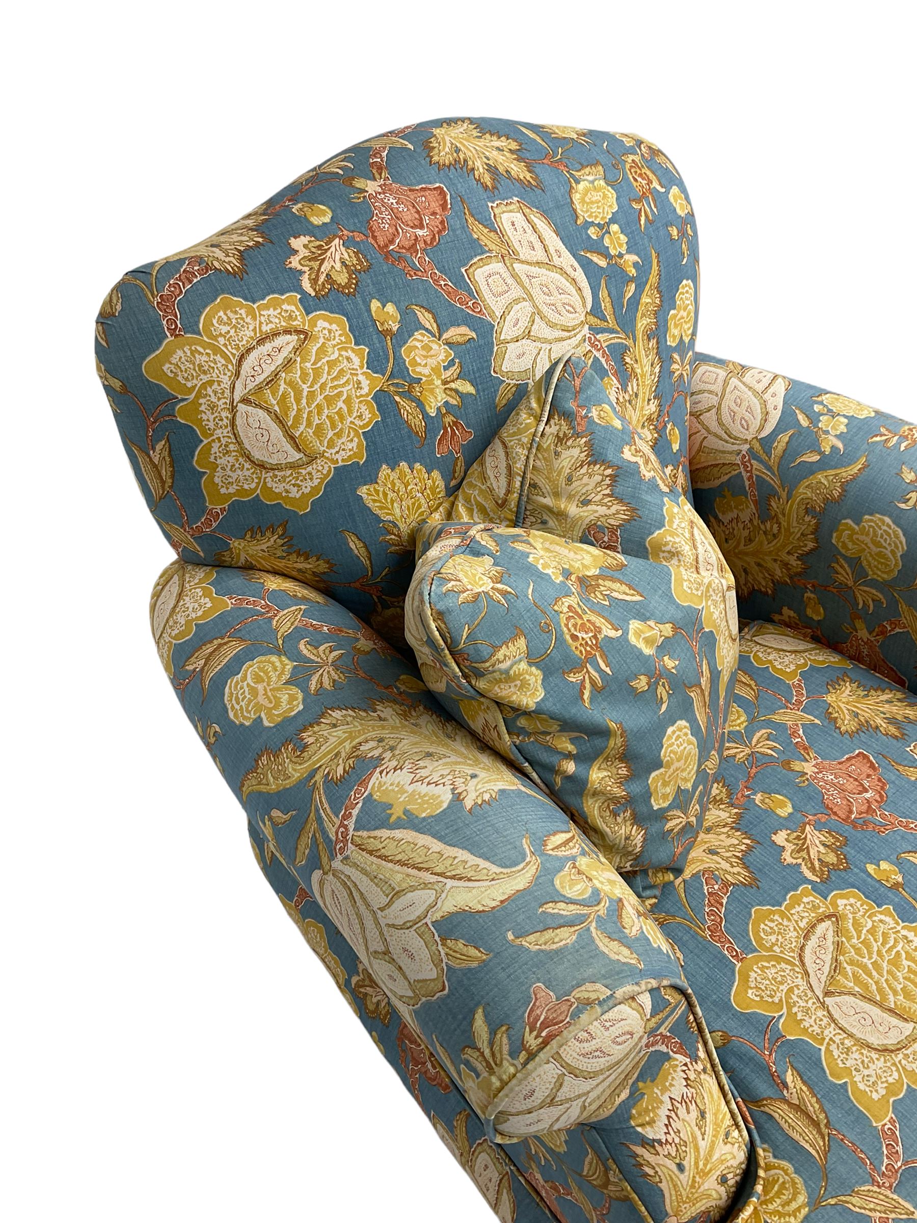 Lincoln House - two seat sofa (W170cm), wingback armchair (W94cm), and armchair (W90cm), upholstered in blue ground fabric with floral pattern