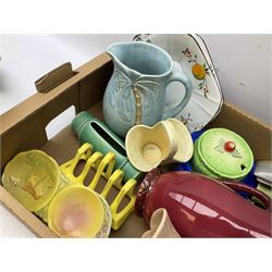 Two Beswick jugs decorated with palm trees, together with matching wall pockets, and similar ceramics, together with six Shelley dishes  