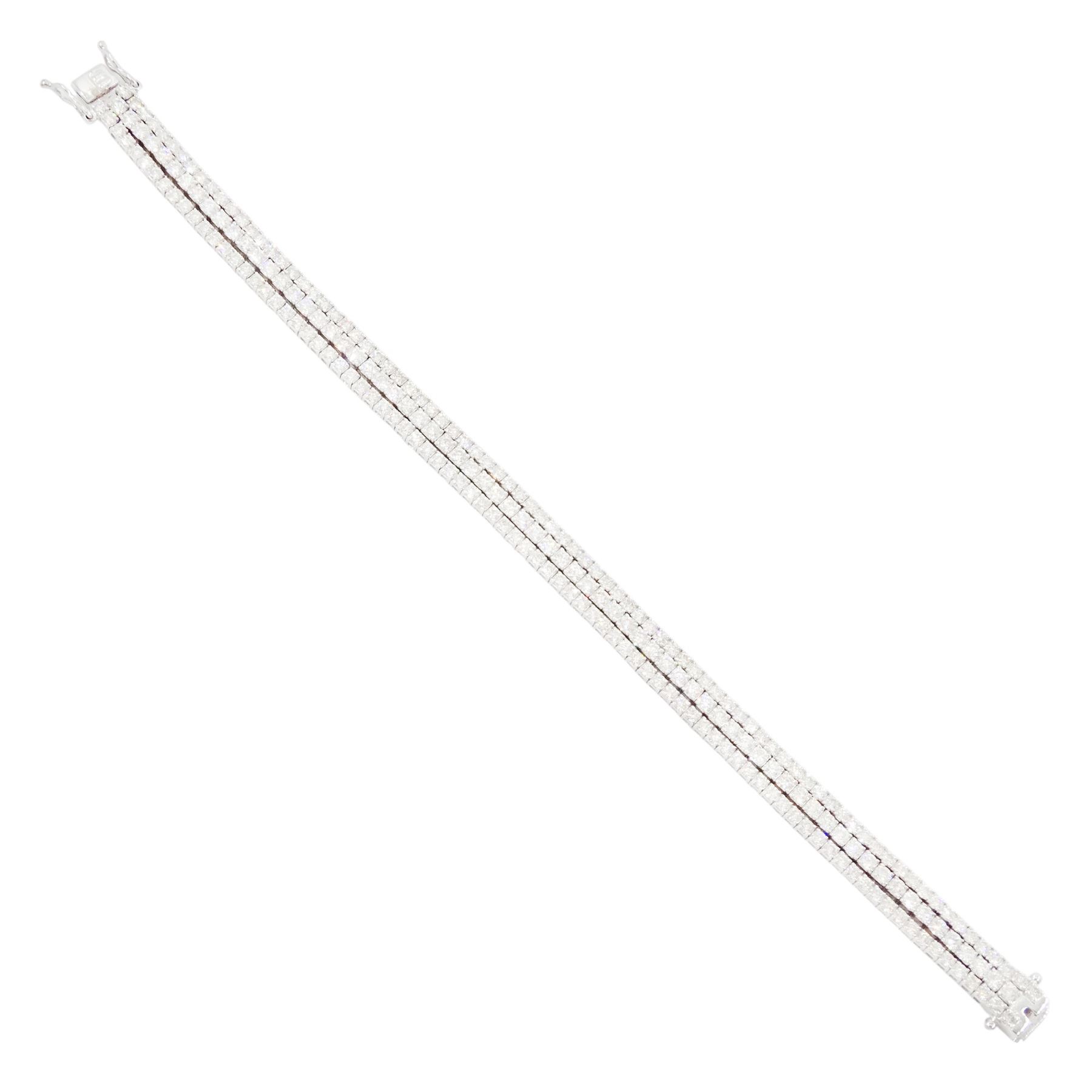 18ct white gold three row round brilliant cut diamond bracelet, stamped, total diamond weight approx 7.70 carat