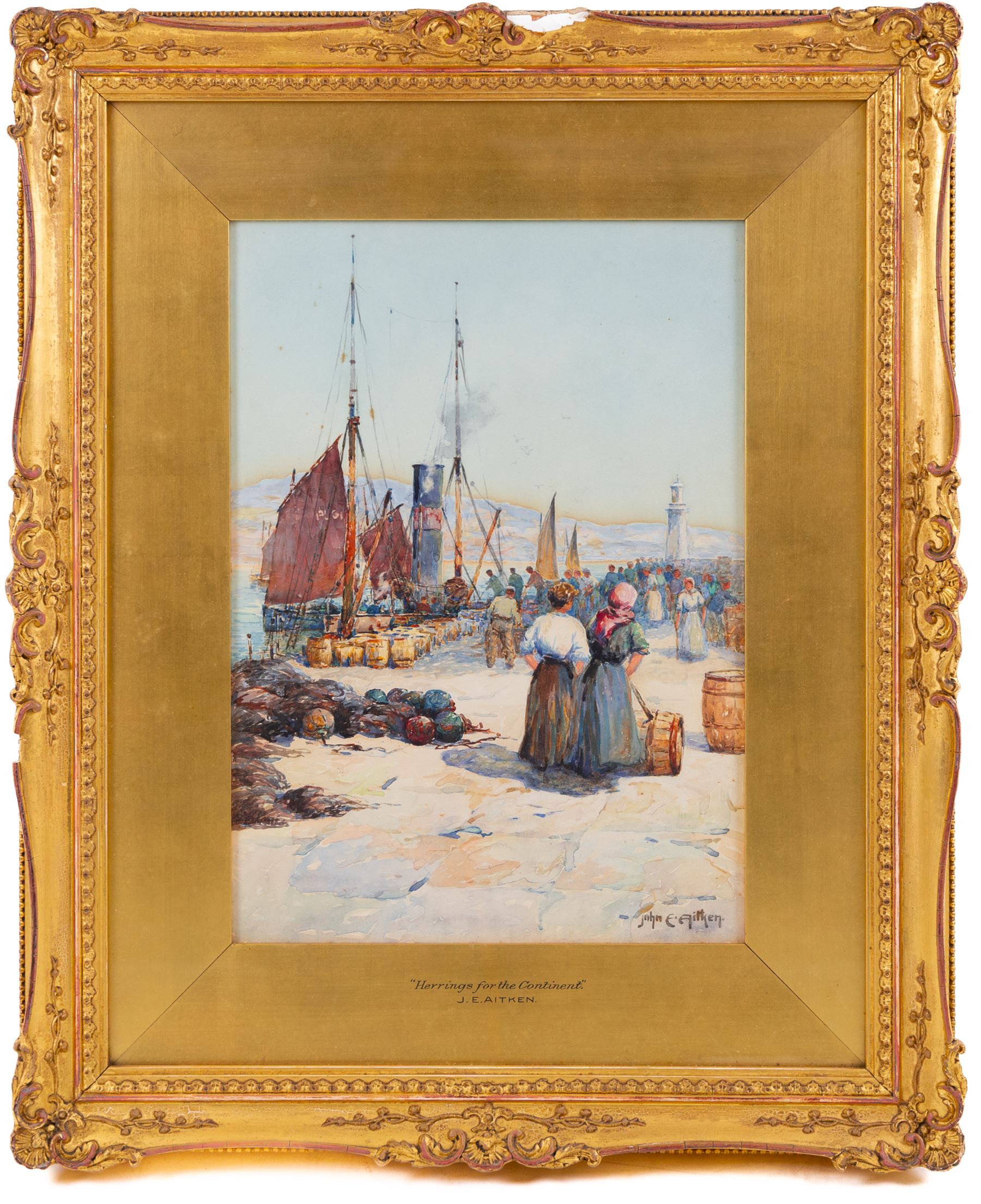 John Ernest Aitken (Scottish 1881-1957): 'Herrings for the Continent', watercolour signed, titled on the slip 34cm x 24cm 