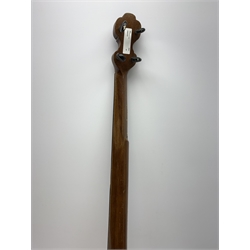 J E Brewster London Universal Favourite fretless banjo with inlaid fingerboard, impressed maker's marks and serial no.769, L90cm