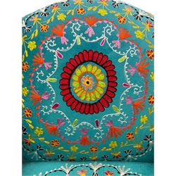 Myakka Victorian style club armchair, upholstered in crazy daisy turquoise fabric 