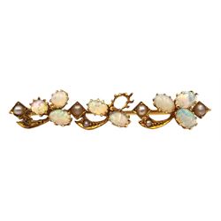 18ct gold opal and seed pearl bar brooch, stamped 18, boxed