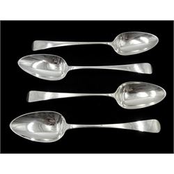 Two George III silver serving spoons, old English pattern by Richard Crossley, London 1786 and two similar silver table spoons by James Beebe, London 1818, approx 7.2oz