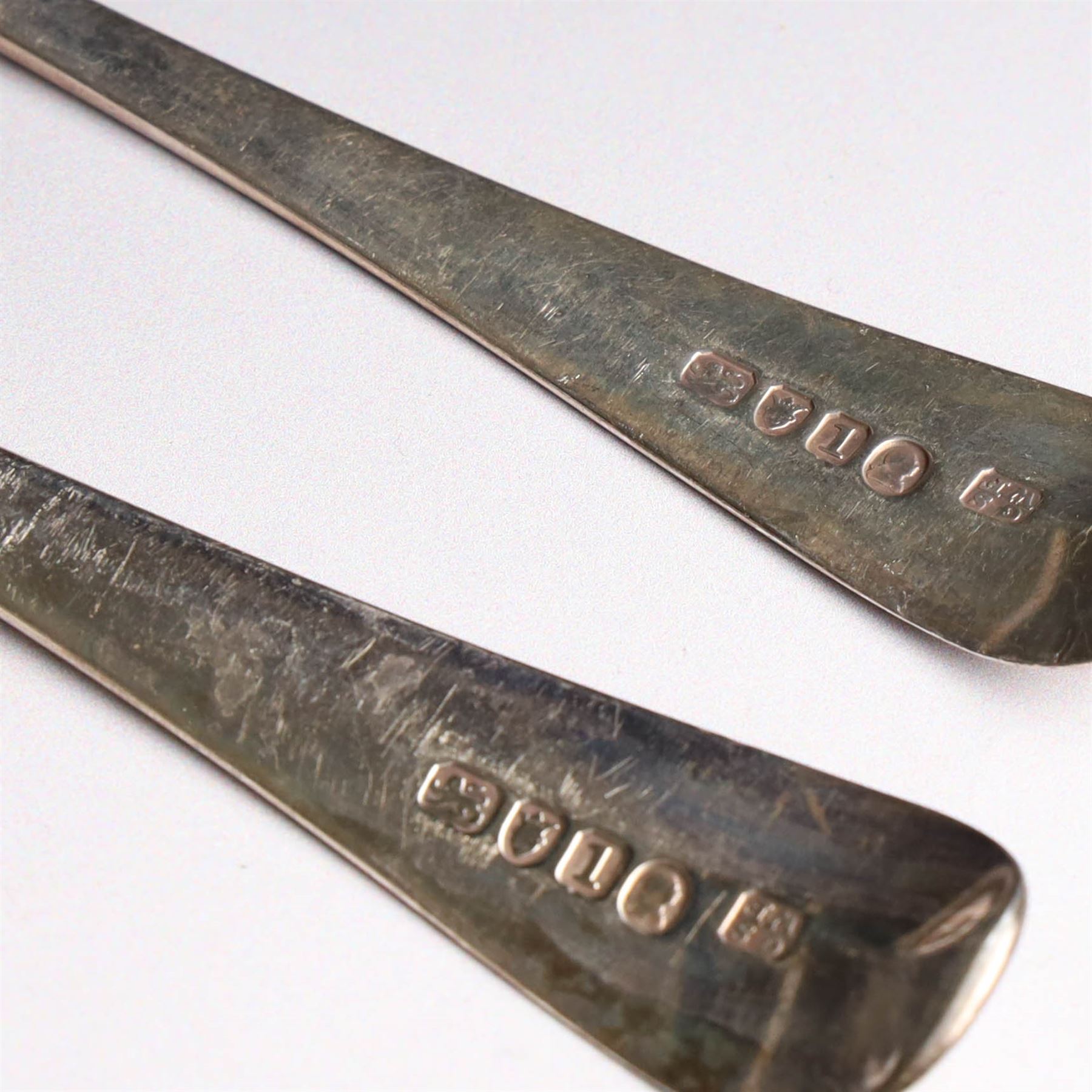 Ten Georgian and later silver table and dessert spoons, including pair of George III Old English pattern examples, engraved with fish to terminal, hallmarked London 1791, maker's mark ID and a pair of George III Old English pattern table spoons with engraved bird to terminal, George Smith (III) & William Fearn, London 1786