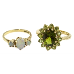  Three stone opal gold ring and a green cluster gold  ring both hallmarked 9ct  
