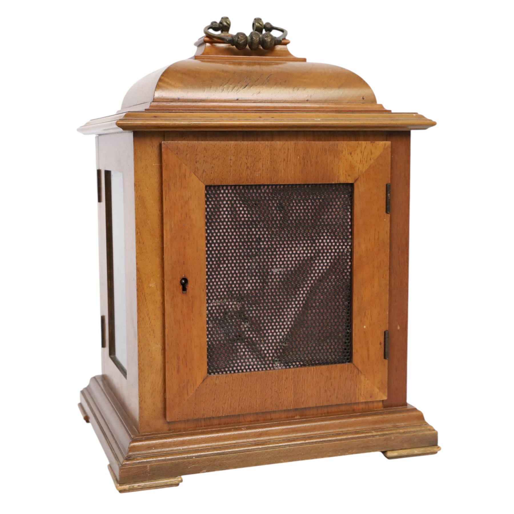  English burr walnut cased eight day chime bracket clock, with brass knopped carrying handle, with white chapter ring dial surrounded by four brass spandrels,  H30cm