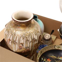 Brass table oil lamp, another oil lamp, Japanese vase, Carlton ware bowl etc