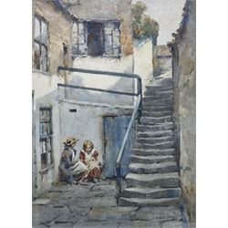 Albert George Stevens (Staithes Group 1863-1925): Children in 'Turner's Yard - Whitby', watercolour signed, titled verso, with a copy of the artist's obituary affixed 30cm x 21cm