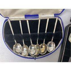 Set of six 1920's silver coffee spoons, hallmarked Sheffield, contained within a fitted case, together with a set of five George III bright cut engraved teaspoons, also cased, approximate total silver weight 77 grams