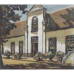 Marion Gill (British 1879-1959): 'Old Cape Homestead', woodblock print signed with monogram, titled verso 25cm x 28cm