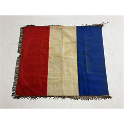 French State Police banner as the tricolor flag embroidered with coloured and metallic thread 'Societe De Secours Mutuels Un Pour Tous Tous Pour Un De La Police D'Eteat De Marseille' to one side; plain flag verso; tassels to three sides 100 x 113cm