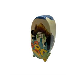 Clarice Cliff Bizarre Bonjour sugar sifter, decorated in the Tralee pattern, hand painted with stylised cottage amongst yellow and orange flowers, with printed mark beneath, H12.5cm