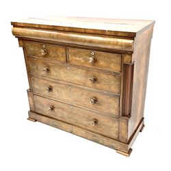 Victorian mahogany chest, single frieze drawer above two short and three graduating drawers, flanked by half turned columns raised on shaped bracket supports 