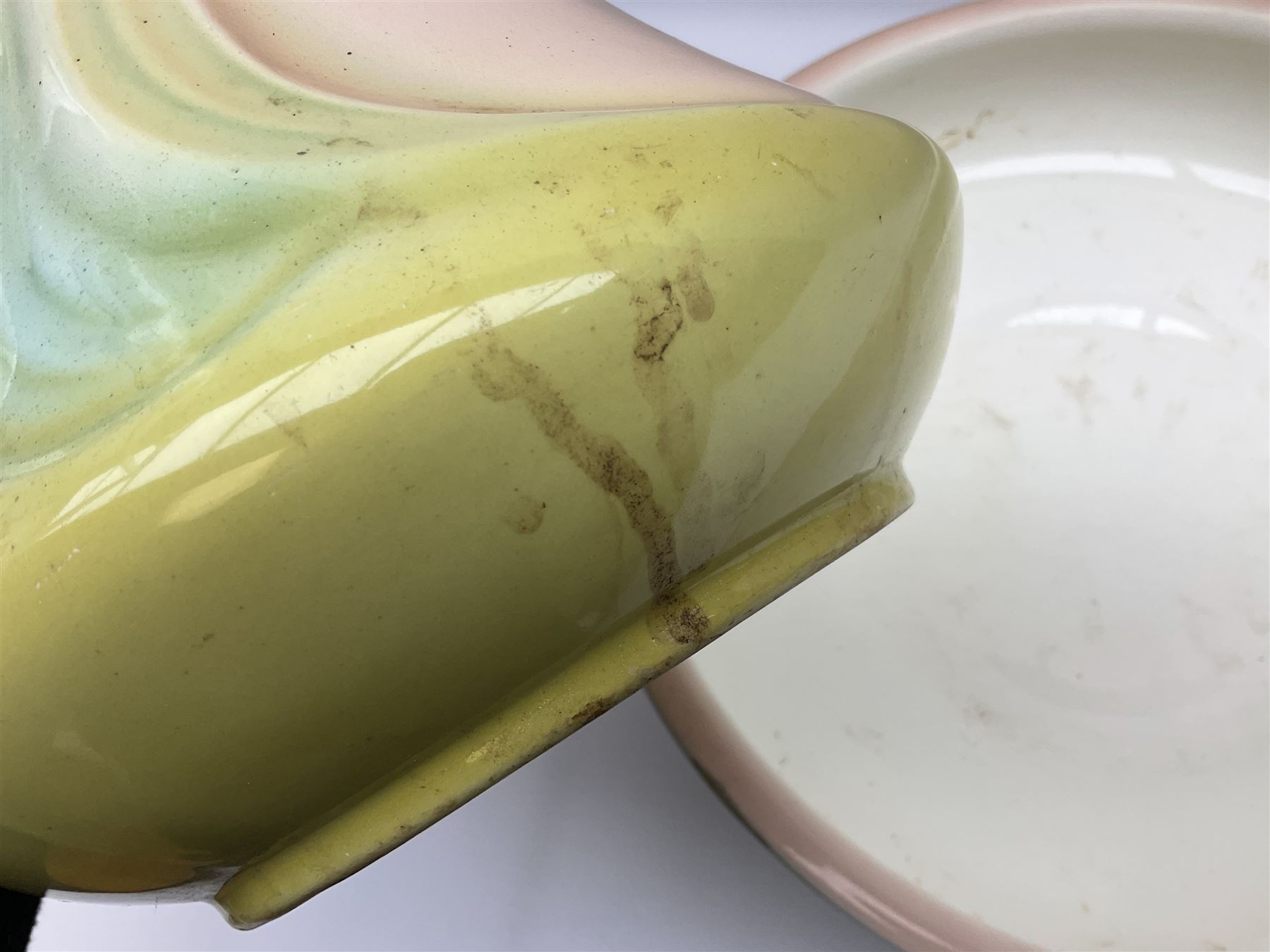 Wash jug and bowl with merging pink, green and blue decoration, bowl D40cm