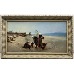 Paul Huguenin Virchaux (Swiss 1870-1919): Fishergirls on the Shore, pair oils on canvas signed 34cm x 64cm (2)