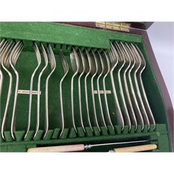 Mahogany cased part canteen of silver plated cutlery by Viner & Hall with simulated ivory handles 