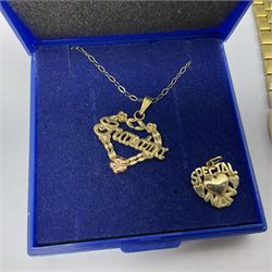 9ct gold 'Grandma' necklace and 'Special nan' pendant, Pinnacle open face gold plated pocket watch, Seiko quartz wristwatch and silver jewellery including Victorian brooches, etc