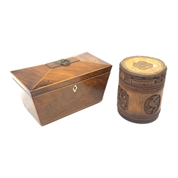 19th century mahogany sarcophagus form tea caddy, L29cm and a Chinese cared bamboo brush pot and cover H19cm 