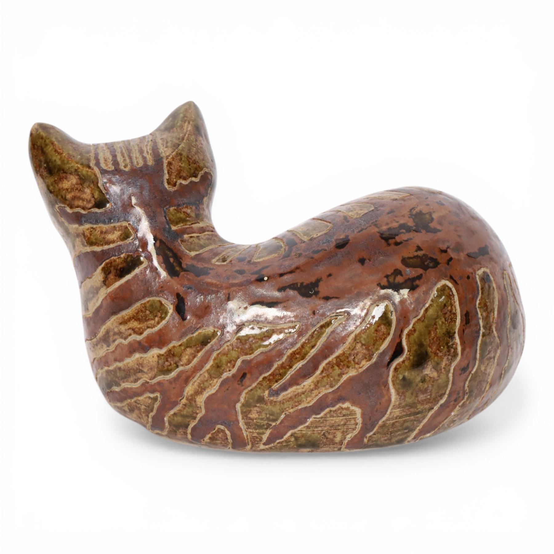Rosemary Wren (1922-2013) - Oxshott pottery, stoneware sculpture of a recumbent cat, with impressed mark beneath, H14cm  