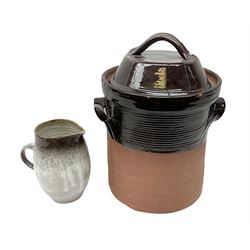 Large gladstone pottery twin handled jar and cover, H36cm, together with a studio pottery jug un white, blue and brown marked 'Small' beneath