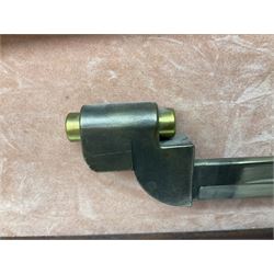 WW2 Lee Enfield No.4 Mk.1 .303 bolt-action rifle with hinged butt compartment, made by SA Ltd., Long Branch, Canada 1942, serial no.5L0646 L113cm; mounted on a framed display board with No.4 Mk.II spike bayonet, No.9 Mk.1 blade bayonet, two inert 5-round clips and brass biographical plaque by Antler Military Originals detailing DA Cert No.C3444 OLD STYLE DEACTIVATION SO FIREARMS CERTIFICATE REQUIRED OR RFD