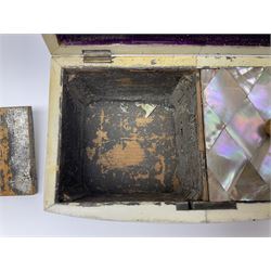 Victorian mother of pearl tea caddy, of rectangular bow-fronted form, the body with floral, bird and geometric engraved mother of pearl panels, white metal shield plaque to the cover inscribed with the initials G.J.A and similar escutcheon, the two division interior with ivory edging and two panelled mother of pearl lids, on four vegetable ivory bun feet L20cm, together with a similar style mother of pearl card case (2) This item has been registered for sale under Section 10 of the APHA Ivory Act
