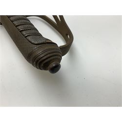 Victorian artillery officer's sword, the 90cm fullered steel blade by E. Thurkle Denmark Street Soho London decorated with Victoria cypher, Regimental crest and 'Royal Artillery', three-bar hilt with stepped pommel and wire-bound fish skin grip; in leather covered scabbard L107cm overall