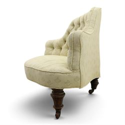 Victorian mahogany frame parlour settee, in back-buttoned ivory fabric