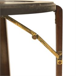 Early 20th century side table with double cake stand, rectangular moulded top, cake stands either side with support, raised on square legs terminating in castors