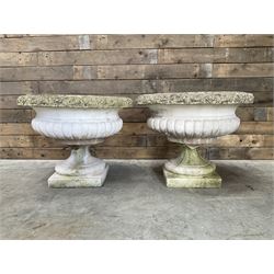 Large pair of Victorian design Country House cast stone urns on plinth bases