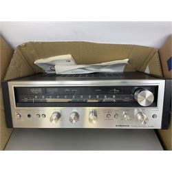 Collection of hi-fi equipment, to include Lenco L-3866 USB turntable, pair of Pioneer speakers, JVC KD-V300, Pioneer SX-590 etc, hi-fi stand with glass in three boxes