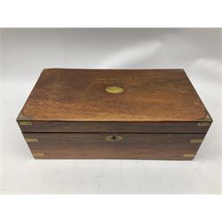 19th century mahogany and brass bound writing slope, the hinged lid lifting to reveal the upholstered folding writing slope and fitted compartmented interior, H16cm L45cm
