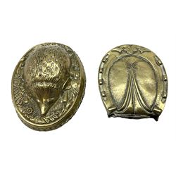 W Avery & Son brass oval pincushion in the form of a hedgehog, and horseshoe needle packet box both inscribed to base 'W. Avery and Son, Redditch', with registration mark, pin cushion L9cm 