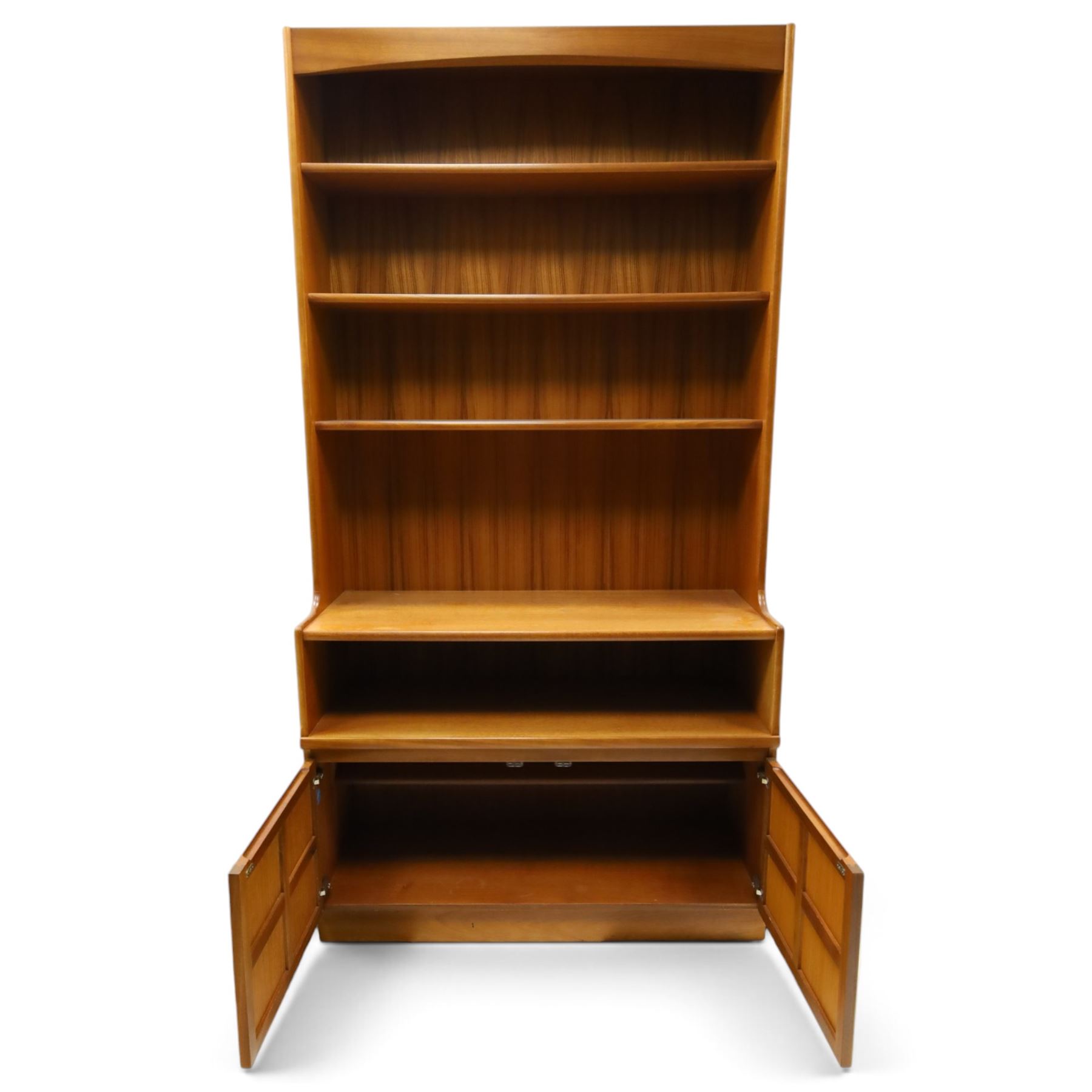 Nathan - 'Squares' open bookcase, with three shelves above an open recess, with twin square panelled doors, on a plinth base