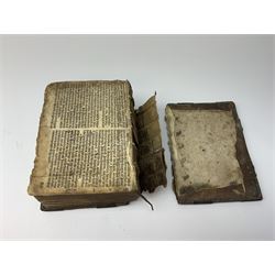 The Holy Bible, Containing the Old Testament and the New; Newly Translated out of the Originall Tongues ..., Imprinted at London by Bonham Norton and John Bill 1620. General and New Testament titles with woodcut border (New Testament title and colophon dated 1621), genealogies and double page map by J.S. (John Speed), Apochrypha present, bound with Two Right Profitable and Fruitfull Concordances .... Collected by R.F.H. Imprinted at London Bonham Norton and John Bill 1622, bound with The Whole Booke of Psalmes Collected into English Meeter by Thomas Sternehold, John Hopkins, and Others ..., printed for the Company of Stationers 1623. Full calf binding with bronze bosses.