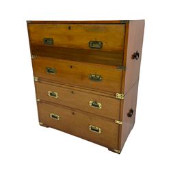 19th century walnut two sectional military campaign chest, fall front secretaire writing compartment, above three further drawers, brass mounts, flush handles and twin side carrying handles