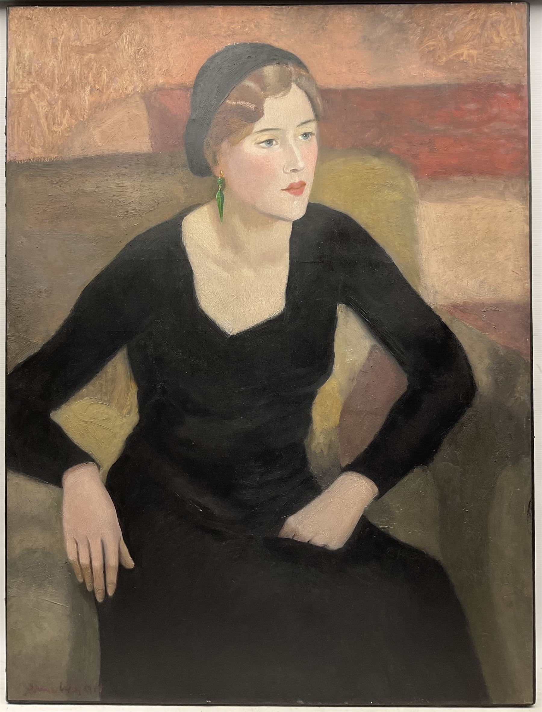 Irene Wyatt (British 1903-1987): Lady with a Green Earring, believed to be Merula Salaman, oil on canvas signed 102cm x 76cm 
Notes: this is possibly Wyatt's painting shown at the New English Art Club in in 1932 no.101; Salaman was the first wife of Sir Alec Guinness.