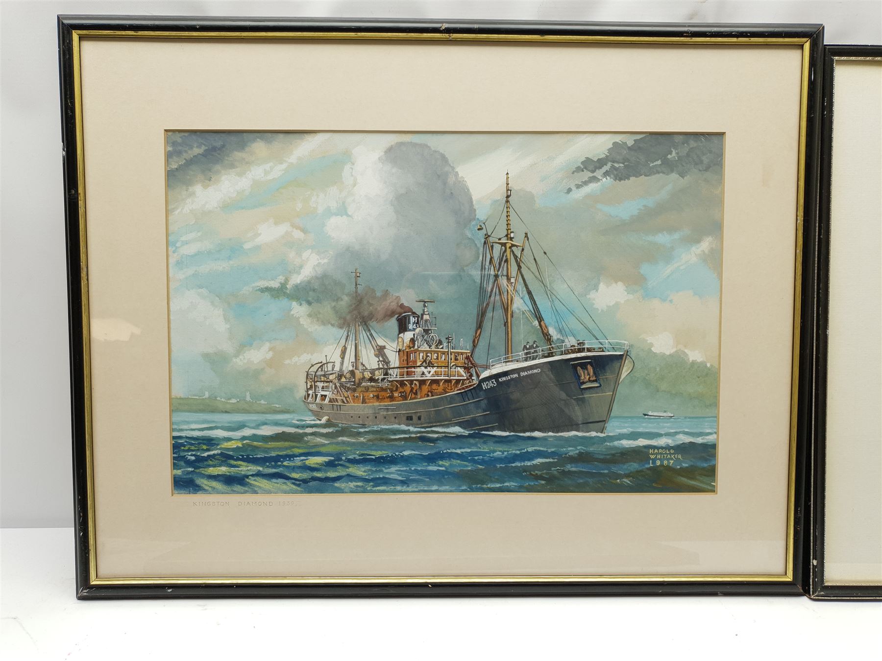 Harold Whitaker (British ?-1988): 'Kingston Diamond' 'St Gamecock' and 'Arctic Vandal', set three gouache ship's portraits signed and dated 1987, titled verso 32cm x 48cm (3)