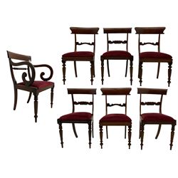 Seven early 19th century mahogany dining chairs - set six side chairs with scroll carved middle rails (W46cm), and a carver elbow chair with rope twist middle rail