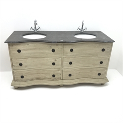  Serpentine front double vanity sink unit with moulded marble top, four drawers, bun feet, W170cm, H86cm, D65cm  