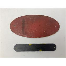 Bugatti cast iron sign with a red background, Shell Oil cast iron sign with gold background, together with Land Rover oil can, motorist warning lamp & torch tool kit and other motoring items 