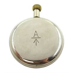 WWI Royal Flying Corps keyless lever pocket watch by Doxa, black enamel dial marked '30 Hour Luminous Mark V B E 4875', with subsidiary seconds dial, the back case engraved 'A' over broad arrow 