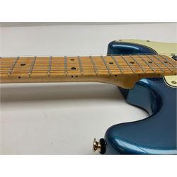 Fender Stratocaster style electric guitar in metallic blue with Rio Grande pick-ups and Fender back-plate L98cm; in Fender soft carrying case