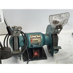 Tull bench pillar drill, Beechers Bender, Clarke grinder, pair of Stilsons, axel stands and bottle jack