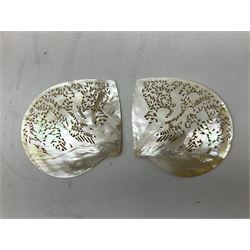 Pair of Chinese mother of pearl shells, pierced and incised with a figure and hoho bird in a foliate scene, W15cm