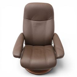 Ekornes - Stressless small brown leather recliner swiveling armchair and stool, brown leather recline with stitching, together with a matching stool, on a round base