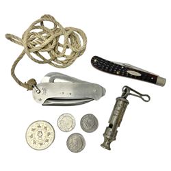 Barlow Shackler Sailor's Knife PAT.41576, together with a penknife, whistle and coins 