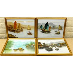 Oriental School (20th century): City Harbour, oil on canvas indistinctly signed, together with four smaller similar oils on board and a portrait of a gentleman, max 45cm x 54cm (6)