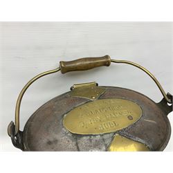 Late 19th/early 20th century steel and brass dairy pail or can, of oval form with swing handle, brass plaque to front and hinged cover inscribed 'F & T Ross Ltd Dairy Outfitters Hull', and 'New Milk F Clappison Dairy Farmer Hull', not including handle H30cm
